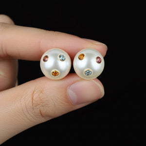 Vintage 14K Gold Multi Gemstone Pearl Stud Earrings - Boylerpf