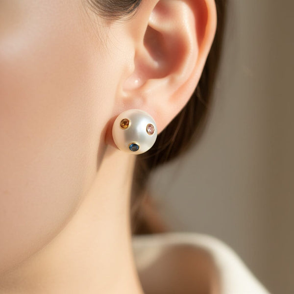 Vintage 14K Gold Multi Gemstone Pearl Stud Earrings - Boylerpf