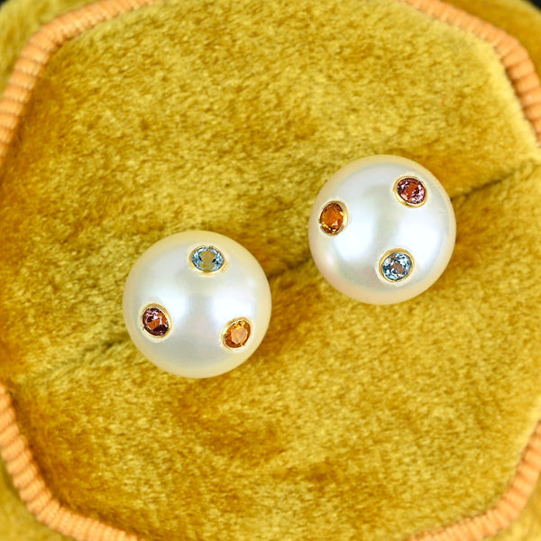 Vintage 14K Gold Multi Gemstone Pearl Stud Earrings - Boylerpf