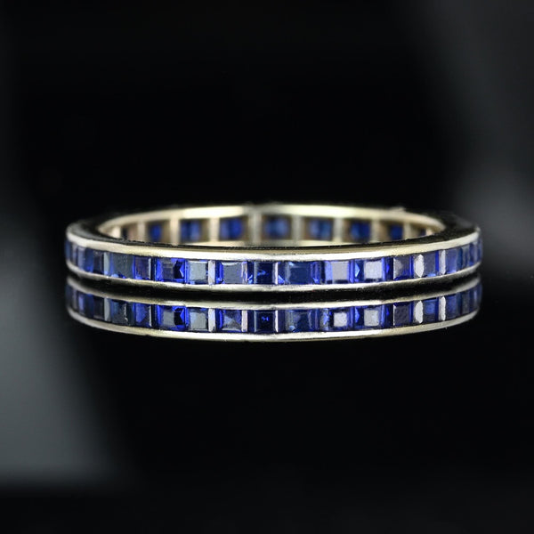 Art Deco 14K White Gold Calibre Cut Sapphire Band Ring - Boylerpf