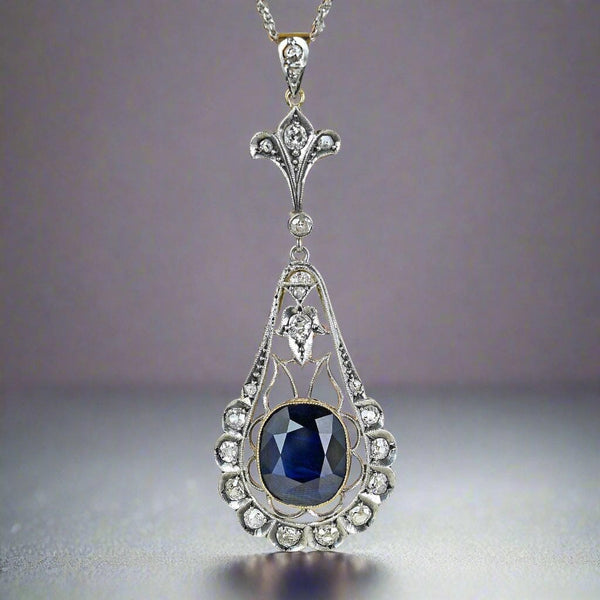 Edwardian Mine Cut Diamond 6.5 CTW Sapphire Pendant Necklace - Boylerpf