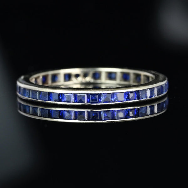 Art Deco 14K White Gold Calibre Cut Sapphire Band Ring - Boylerpf