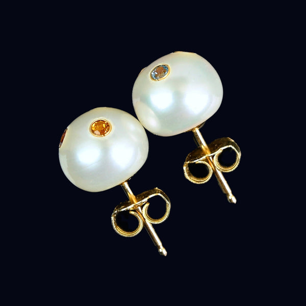 Vintage 14K Gold Multi Gemstone Pearl Stud Earrings - Boylerpf