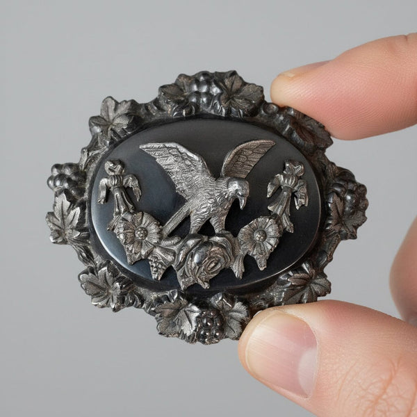 Antique Victorian Vulcanite Eagle Mourning Brooch Pin - Boylerpf