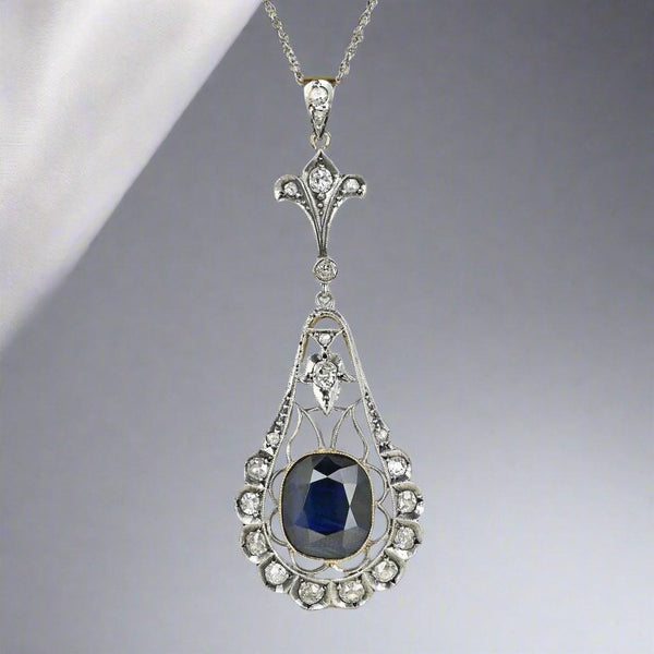 Edwardian Mine Cut Diamond 6.5 CTW Sapphire Pendant Necklace - Boylerpf