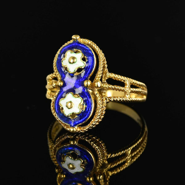 Fine 18K Gold Blue Guilloche Enamel Floral Ring - Boylerpf