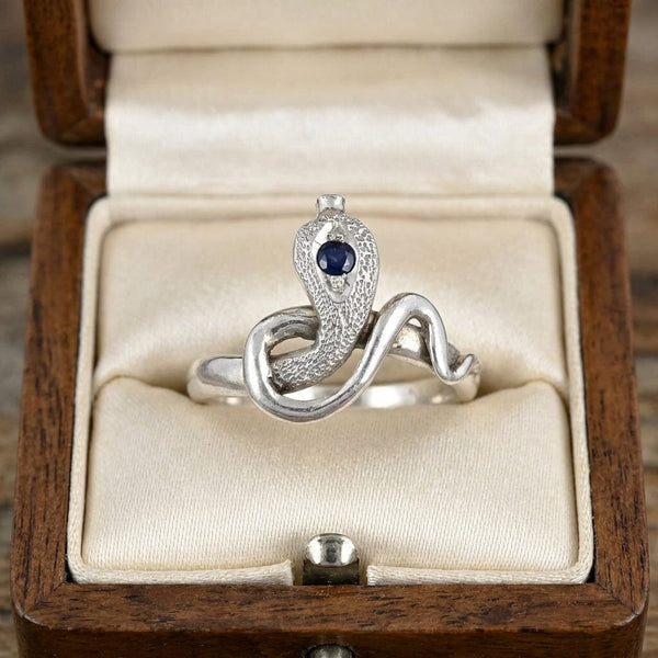 Vintage Sterling Silver Snake Ring with Natural Blue Sapphire