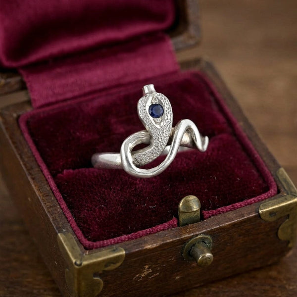 Vintage Sterling Silver Snake Ring with Natural Blue Sapphire
