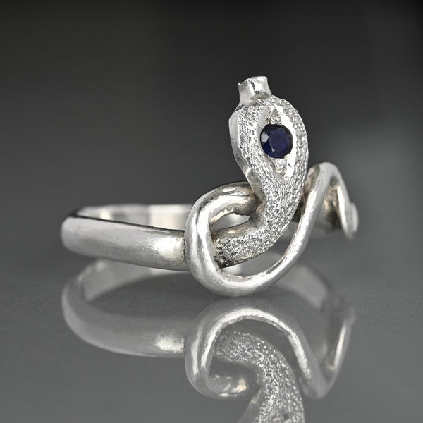 Vintage Sterling Silver Snake Ring with Natural Blue Sapphire