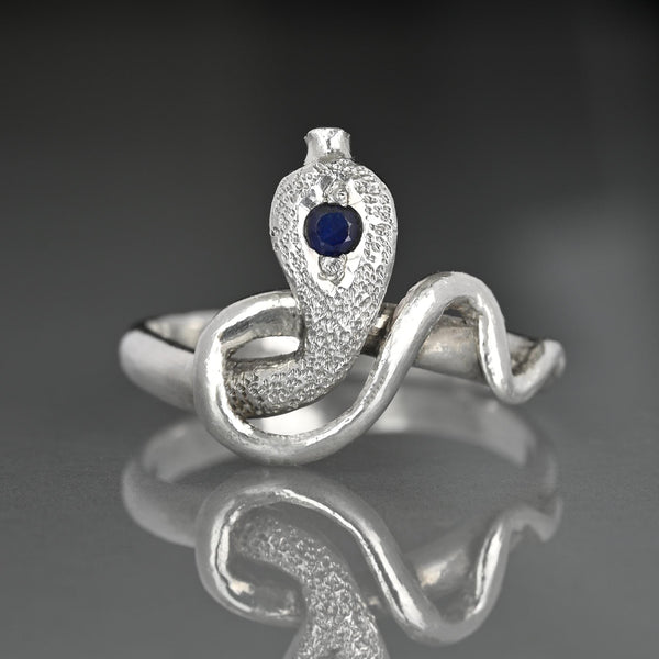 Vintage Sterling Silver Snake Ring with Natural Blue Sapphire
