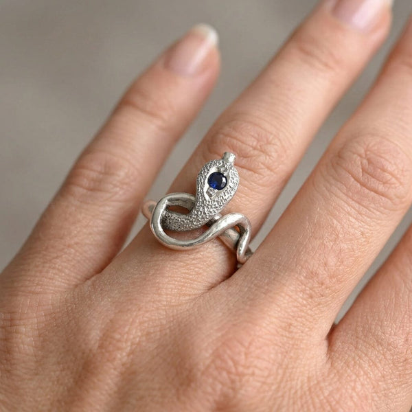 Vintage Sterling Silver Snake Ring with Natural Blue Sapphire