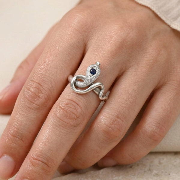 Vintage Sterling Silver Snake Ring with Natural Blue Sapphire