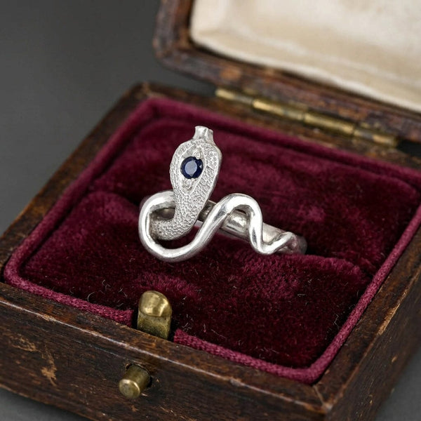 Vintage Sterling Silver Snake Ring with Natural Blue Sapphire