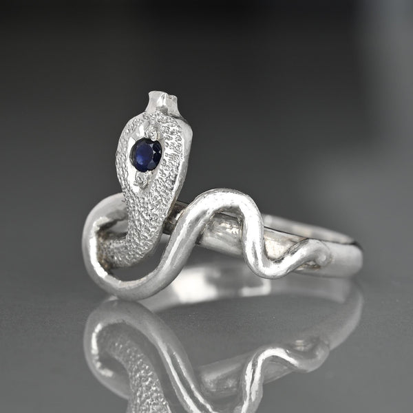 Vintage Sterling Silver Snake Ring with Natural Blue Sapphire