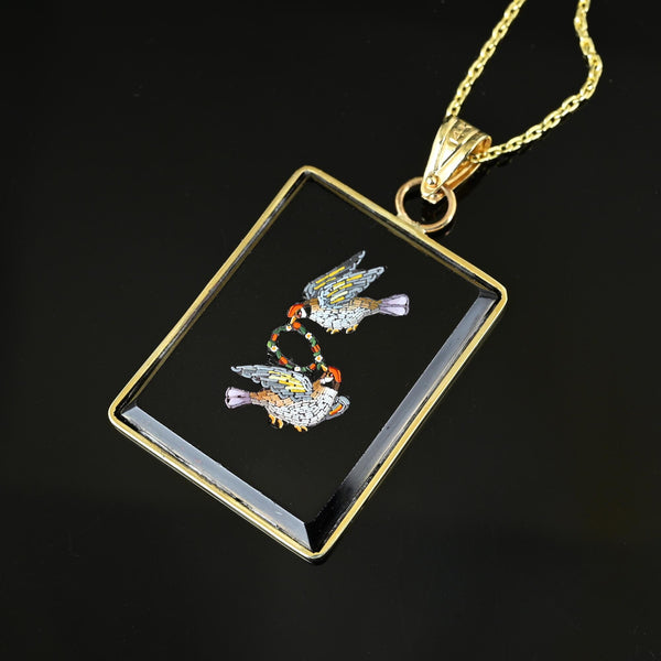 Antique Lovebird Micro Mosaic Onyx Pendant in 14K Gold - Boylerpf