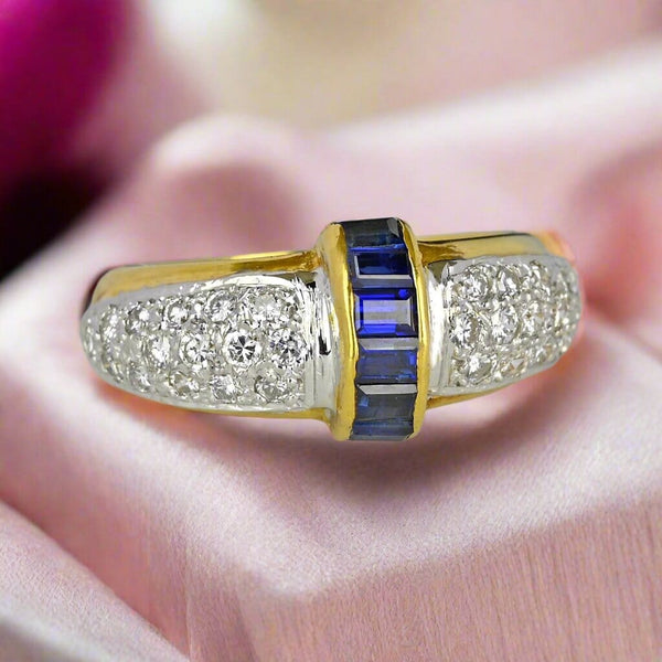 Vintage 18K Gold Roll Top Sapphire Diamond Ring Band