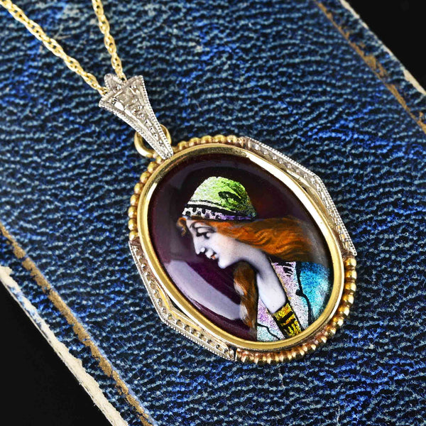 14k Gold French Limoges Enamel Portrait Pendant - Boylerpf