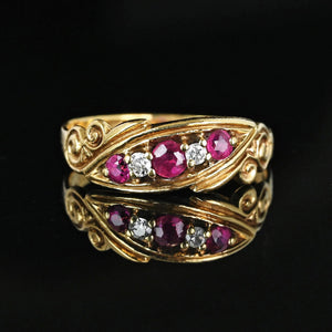 Antique 14K Gold Five Stone Diamond Ruby Ring Band - Boylerpf