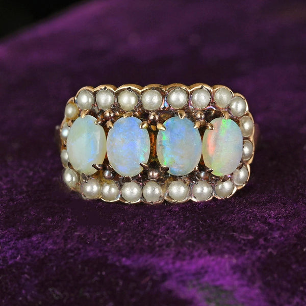 Antique Victorian 14K Gold Pearl Halo Opal Ring, East West - Boylerpf