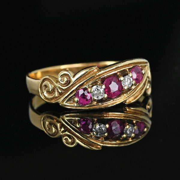 Antique 14K Gold Five Stone Diamond Ruby Ring Band - Boylerpf