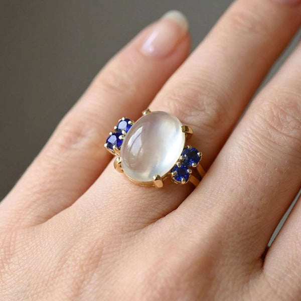 Vintage 14K Gold Moonstone and Blue Sapphire Ring - Boylerpf