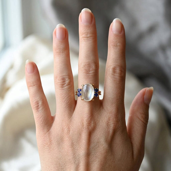 Vintage 14K Gold Moonstone and Blue Sapphire Ring - Boylerpf