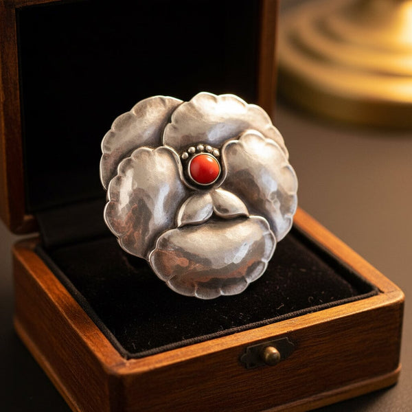 Georg Jensen Sterling Silver Pansy Coral Brooch No. 113 - Boylerpf