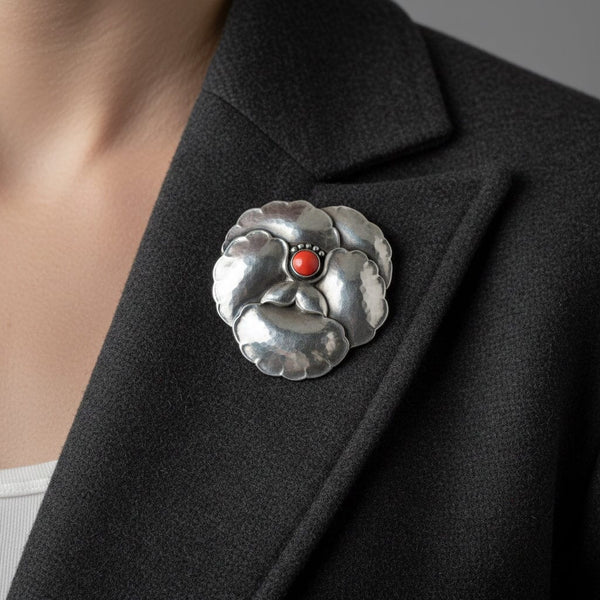 Georg Jensen Sterling Silver Pansy Coral Brooch No. 113 - Boylerpf