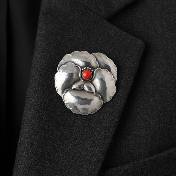 Georg Jensen Sterling Silver Pansy Coral Brooch No. 113 - Boylerpf