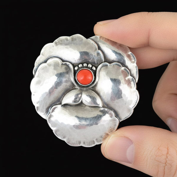 Georg Jensen Sterling Silver Pansy Coral Brooch No. 113 - Boylerpf