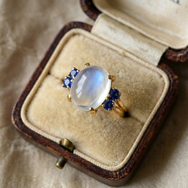 Vintage 14K Gold Moonstone and Blue Sapphire Ring - Boylerpf
