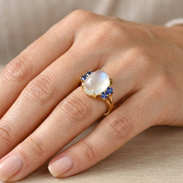 Vintage 14K Gold Moonstone and Blue Sapphire Ring - Boylerpf