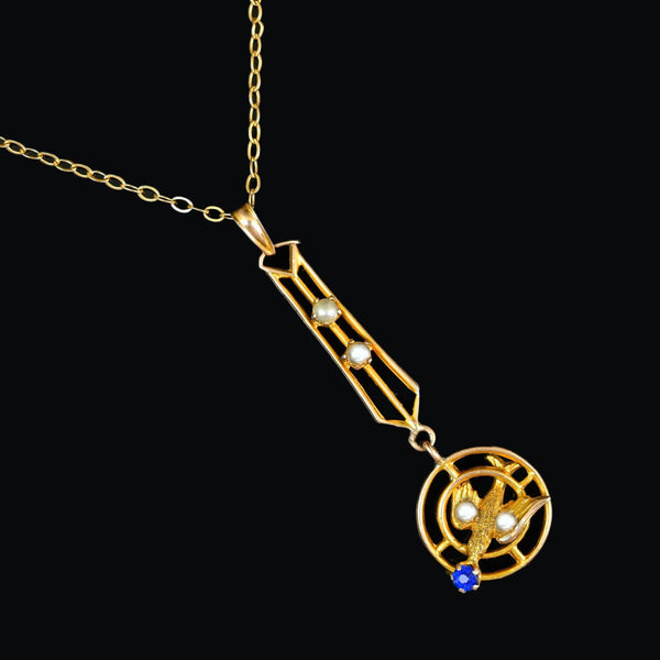 Antique Saint Esprit Pearl and Sapphire Lavaliere Necklace - Boylerpf