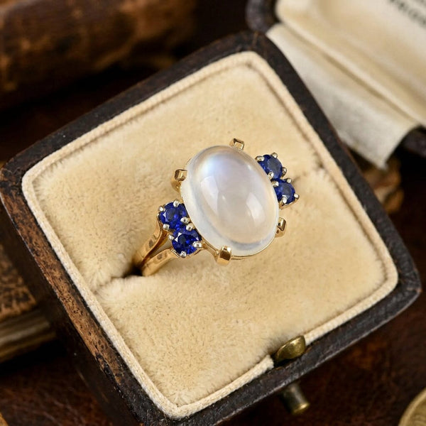 Vintage 14K Gold Moonstone and Blue Sapphire Ring - Boylerpf