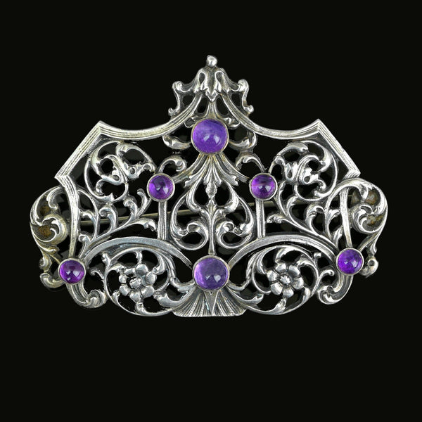 Oversized Antique Silver Cabochon Amethyst Brooch - Boylerpf