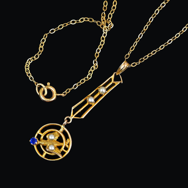 Antique Saint Esprit Pearl and Sapphire Lavaliere Necklace - Boylerpf