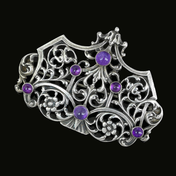 Oversized Antique Silver Cabochon Amethyst Brooch - Boylerpf