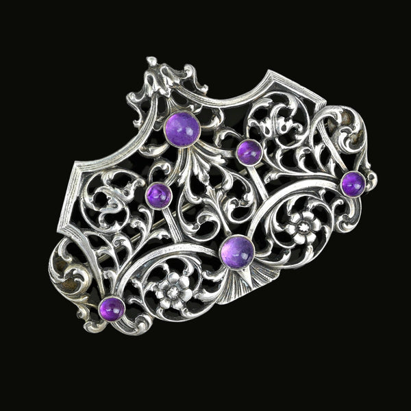 Oversized Antique Silver Cabochon Amethyst Brooch - Boylerpf