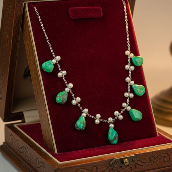 Art Deco Turquoise Pearl Sterling Silver Fringe Necklace