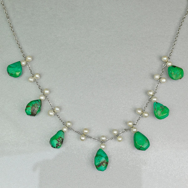 Art Deco Turquoise Pearl Sterling Silver Fringe Necklace