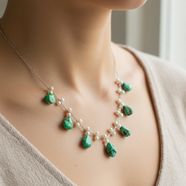 Art Deco Turquoise Pearl Sterling Silver Fringe Necklace