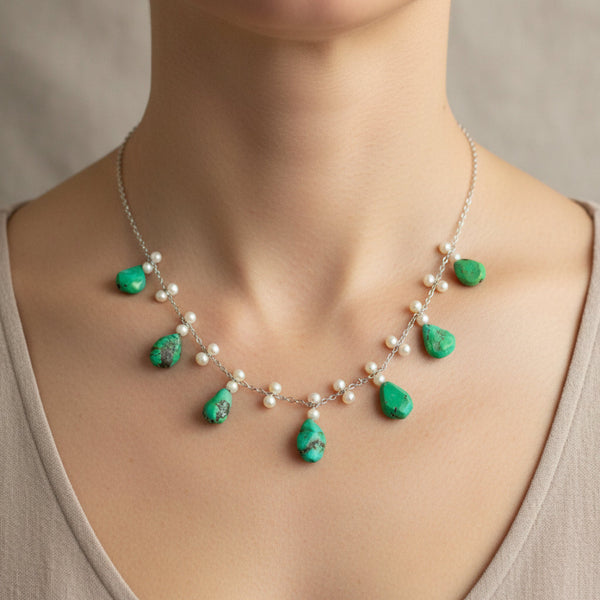 Art Deco Turquoise Pearl Sterling Silver Fringe Necklace