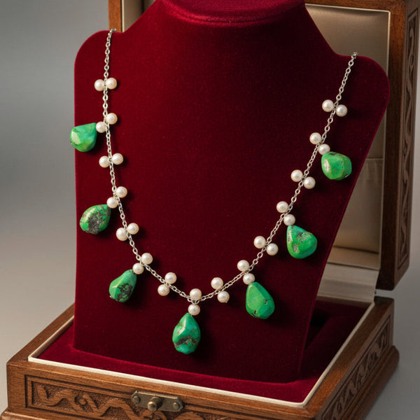 Art Deco Turquoise Pearl Sterling Silver Fringe Necklace