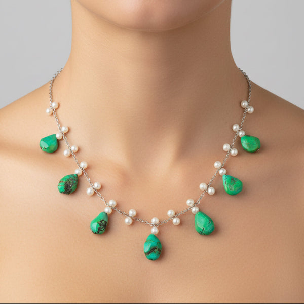 Art Deco Turquoise Pearl Sterling Silver Fringe Necklace