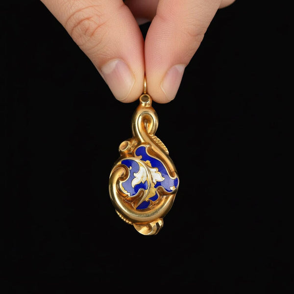 Antique 14K Gold Biedermeier Blue Enamel Leaf Pendant