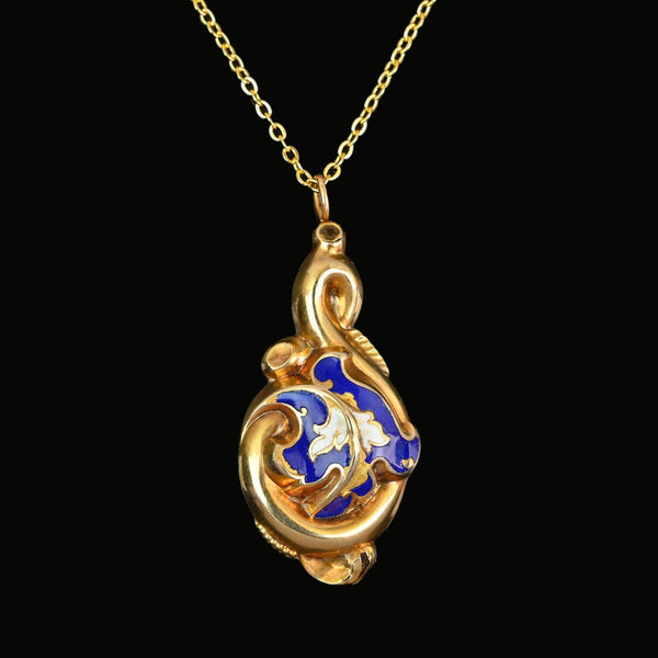 Antique 14K Gold Biedermeier Blue Enamel Leaf Pendant