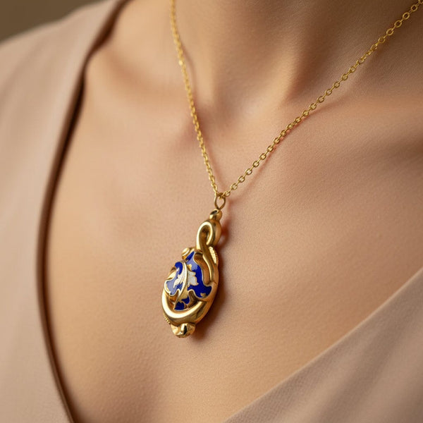 Antique 14K Gold Biedermeier Blue Enamel Leaf Pendant