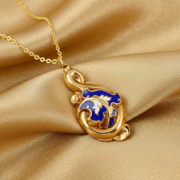 Antique 14K Gold Biedermeier Blue Enamel Leaf Pendant