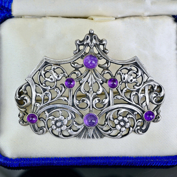 Oversized Antique Silver Cabochon Amethyst Brooch - Boylerpf