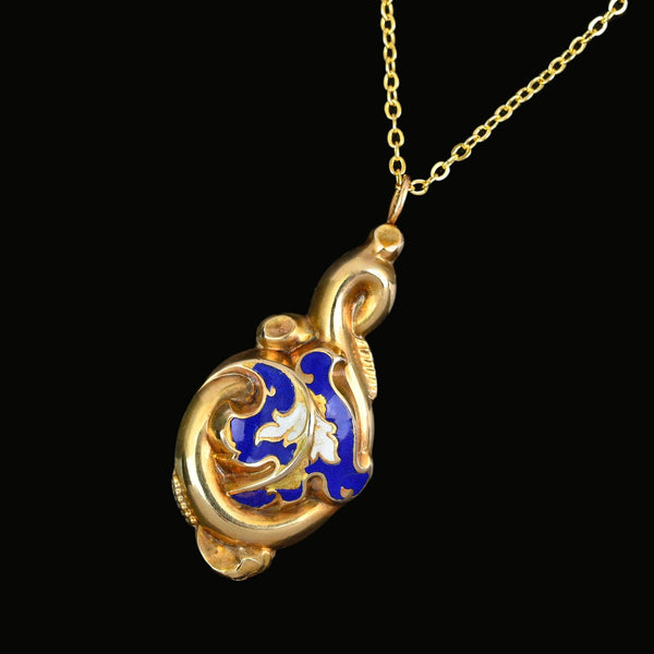 Antique 14K Gold Biedermeier Enamel Leaf Pendant